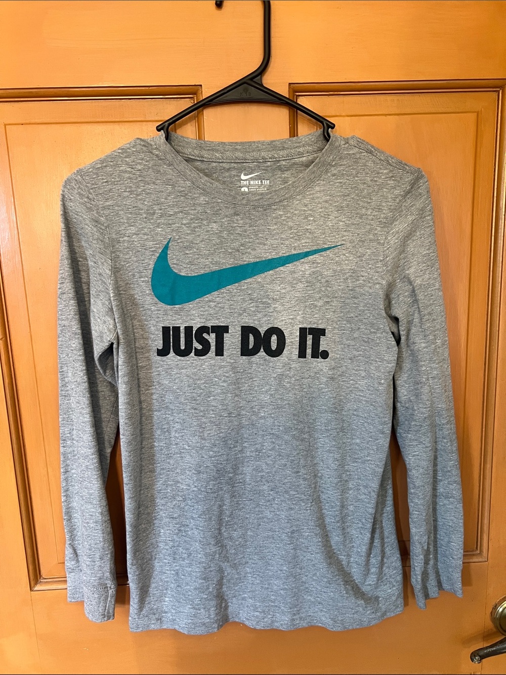 Nike Gray Long Sleeve Tee with Teal Swoosh - Just Do It